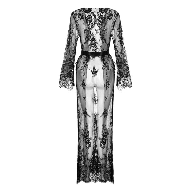 Women Long Sleeve Lace Dress Fashion Solid Sexy Perspective Pajamas Robe Sleepwear Underwear Lingerie Satin Silk Belt Slim